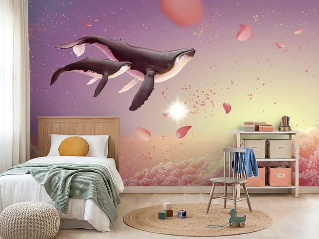 Fototapeta Zwierzęta dziecięce – dwa wieloryby unoszące się w powietrzu