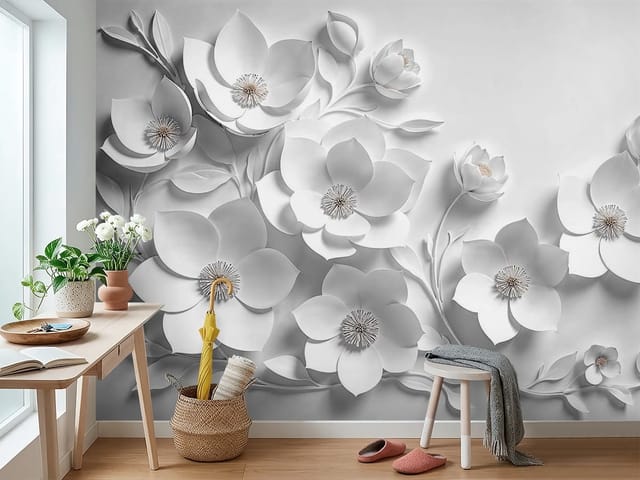 Fototapeta Białe Kwiaty na Gałęziach 3D (mpn: FT-8621) Fototapeta 3D kwiaty – białe kwiaty na gałęziach
