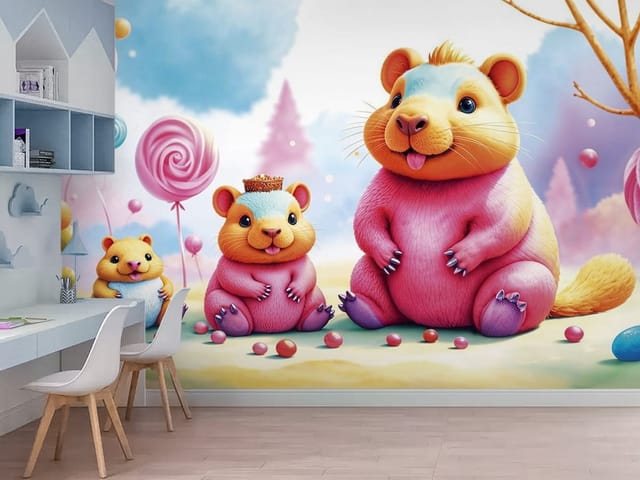 Fototapeta Chomiki i Balony w Pastelach (mpn: FT-8635) Fototapeta Bajki – trzy kolorowe chomiki siedzące