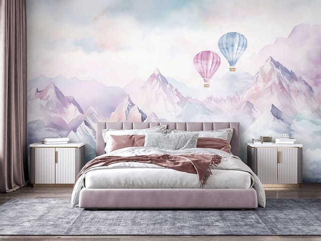 Fototapeta Balony nad Pastelowymi Górami (mpn: FT-8655) Fototapeta Góry – dwa balony na gorące powietrze nad górami
