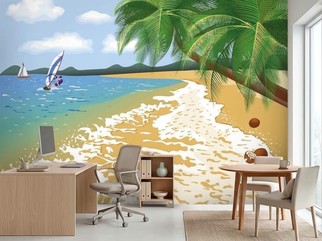 Fototapeta Morze i Ocean – piaszczysta plaża z zielonymi palmami i błękitnym morzem