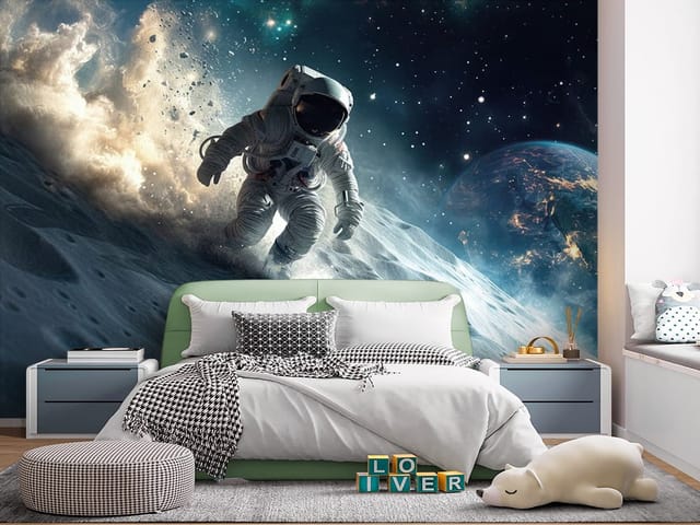 Fototapeta Astronauta na księżycu z widokiem na Ziemię (mpn: FT-8748) Fototapeta Astronauci – astronauta w skafandrze na powierzchni księżyca