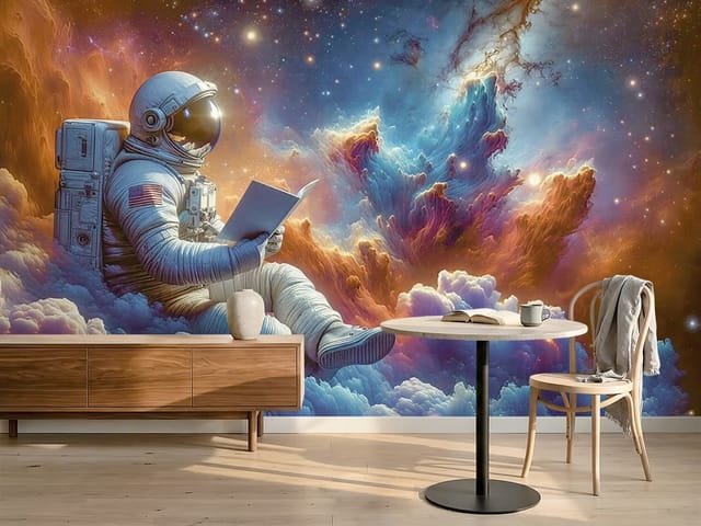 Fototapeta Astronauci – astronauta siedzący na kolorowych chmurach