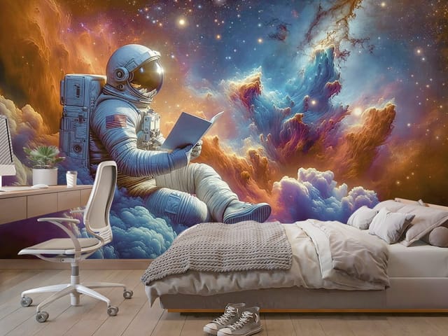 Fototapeta Astronauta na kolorowych chmurach (mpn: FT-8750) Fototapeta Astronauci – astronauta siedzący na kolorowych chmurach