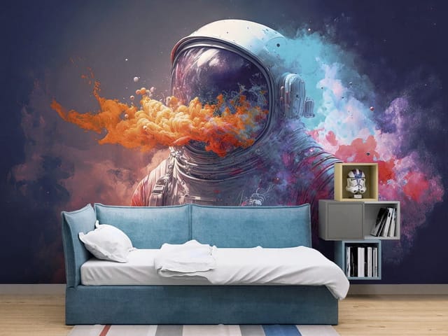 Fototapeta Astronauta w kolorowym dymie (mpn: FT-8751) Fototapeta Astronauci – astronauta w skafandrze otoczony kolorowym dymem