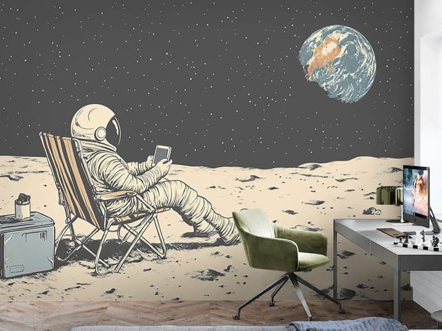 Fototapeta Astronauta na księżycu z Ziemią (mpn: FT-8752) Fototapeta Astronauci – astronauta w skafandrze na księżycu