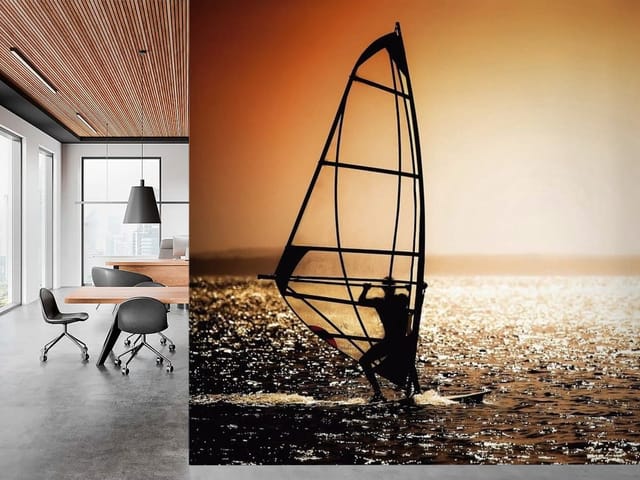 Fototapeta Krajobrazy morskie – windsurfer na wodzie o zachodzie słońca