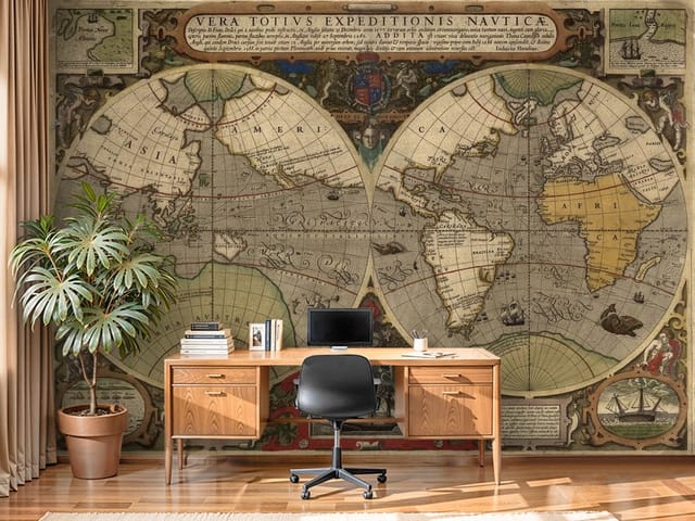 Fototapeta Stara mapa świata z globusami (mpn: FT-925) Fototapeta Stare mapy – stara mapa świata z dwoma globusami