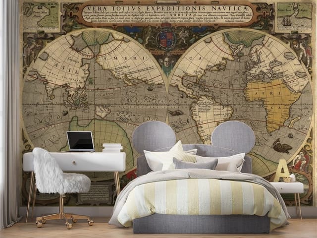 Fototapeta Stara mapa świata z globusami (mpn: FT-925) Fototapeta Stare mapy – stara mapa świata z dwoma globusami