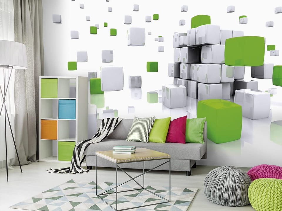 Fototapeta Geometryczne sześciany w zieleni we wnętrzu salonu
