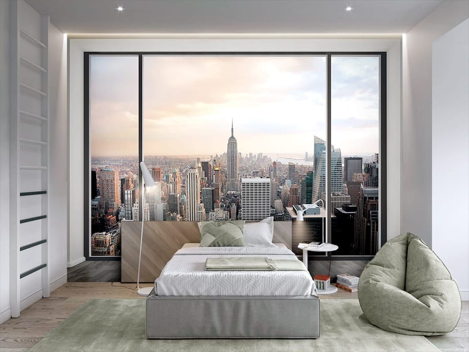 Fototapeta Panorama miasta przez okno we wnętrzu pokoju nastolatka