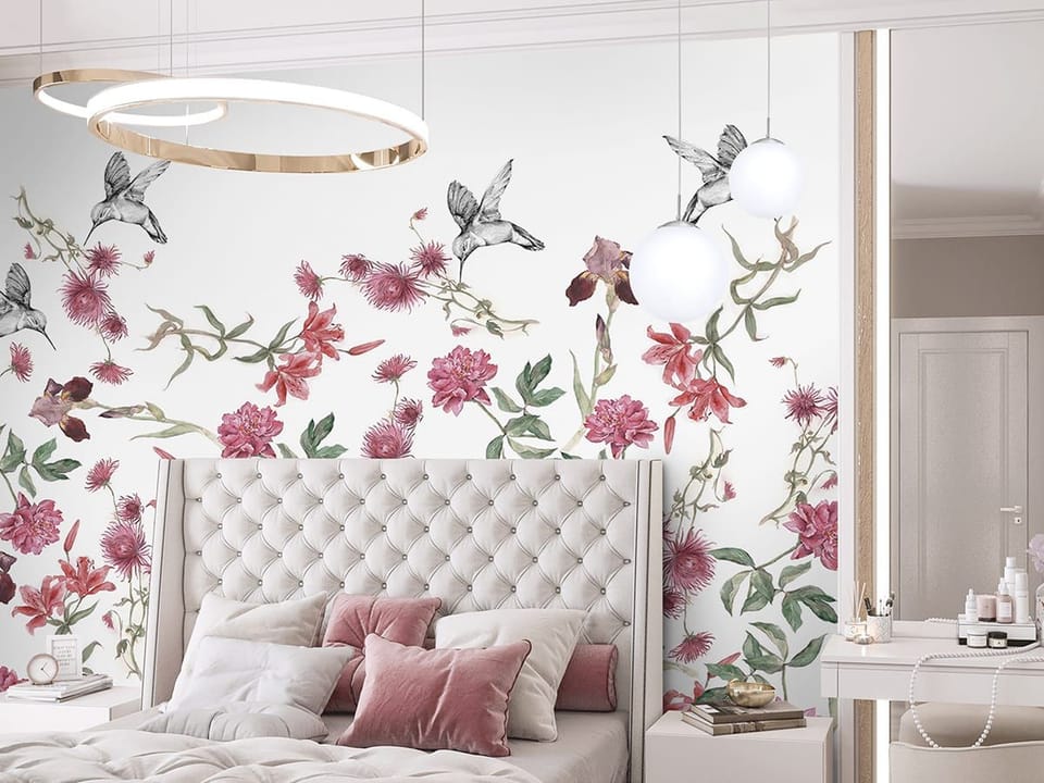 Fototapeta Kwiaty i kolibry na białym tle we wnętrzu sypialni