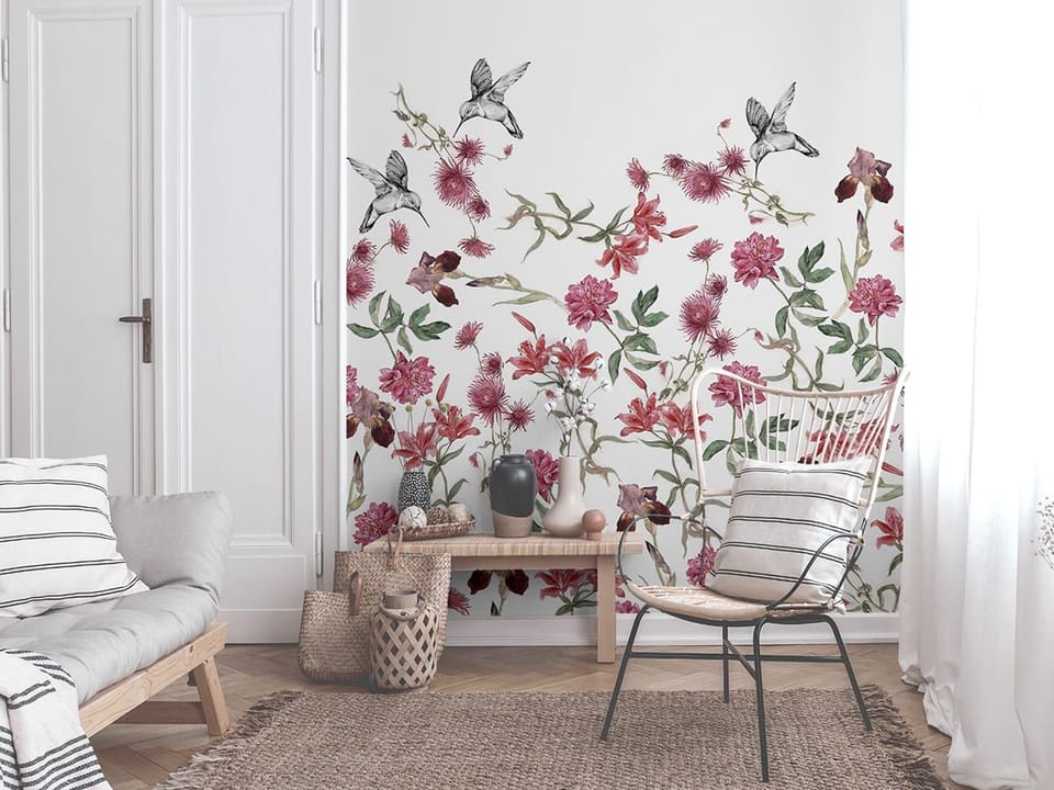 Fototapeta Kwiaty i kolibry na białym tle we wnętrzu salonu