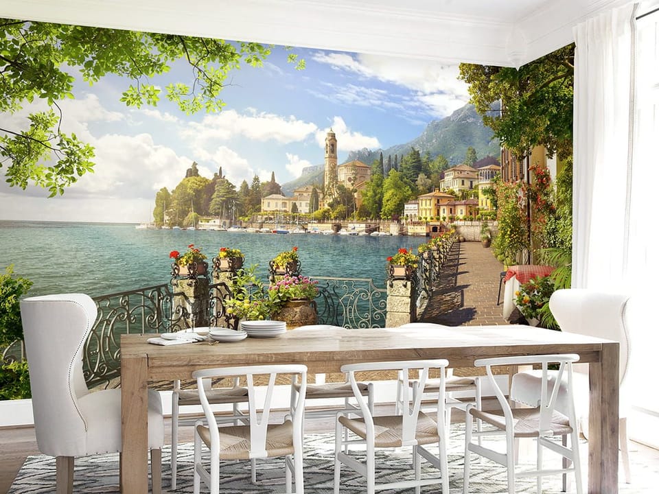 Fototapeta Promenada nad jeziorem z kwiatami we wnętrzu kuchni