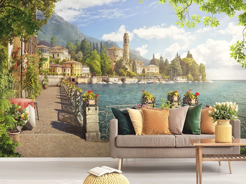 Fototapeta Promenada nad jeziorem z kwiatami we wnętrzu salonu