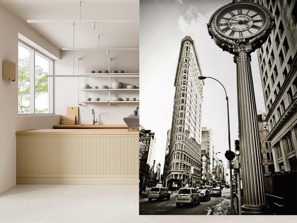 Fototapeta z zabytkowym zegarem ulicznym i miejską architekturą - ściana akcentowa w kuchni