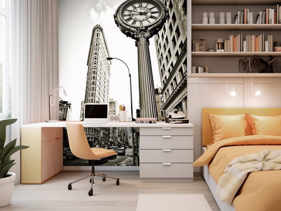 Fototapeta z zabytkowym zegarem ulicznym i miejską architekturą - ściana w pokoju nastolatka