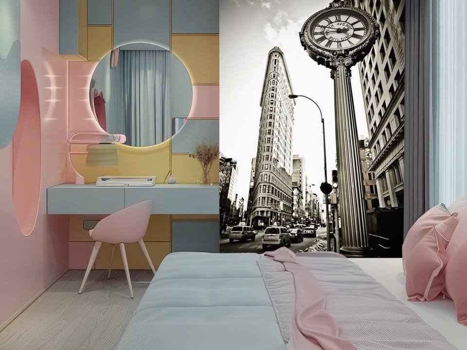 Fototapeta z zabytkowym zegarem ulicznym i miejską architekturą - ściana w kolorowym pokoju nastolatka
