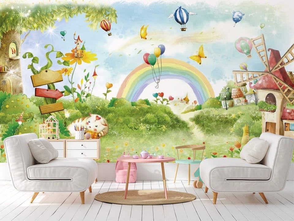 Fototapeta Bajkowy krajobraz z tęczą we wnętrzu pokoju dziecka