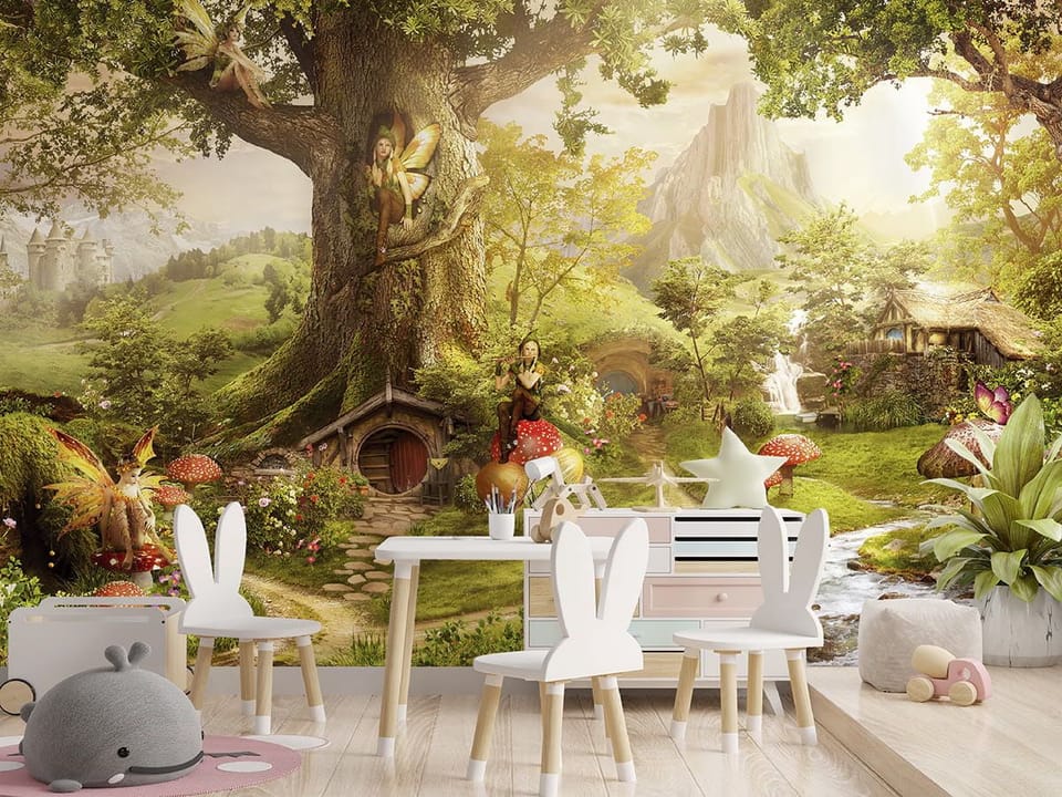 Fototapeta Wielkie drzewo z wróżkami we wnętrzu pokoju dziecka