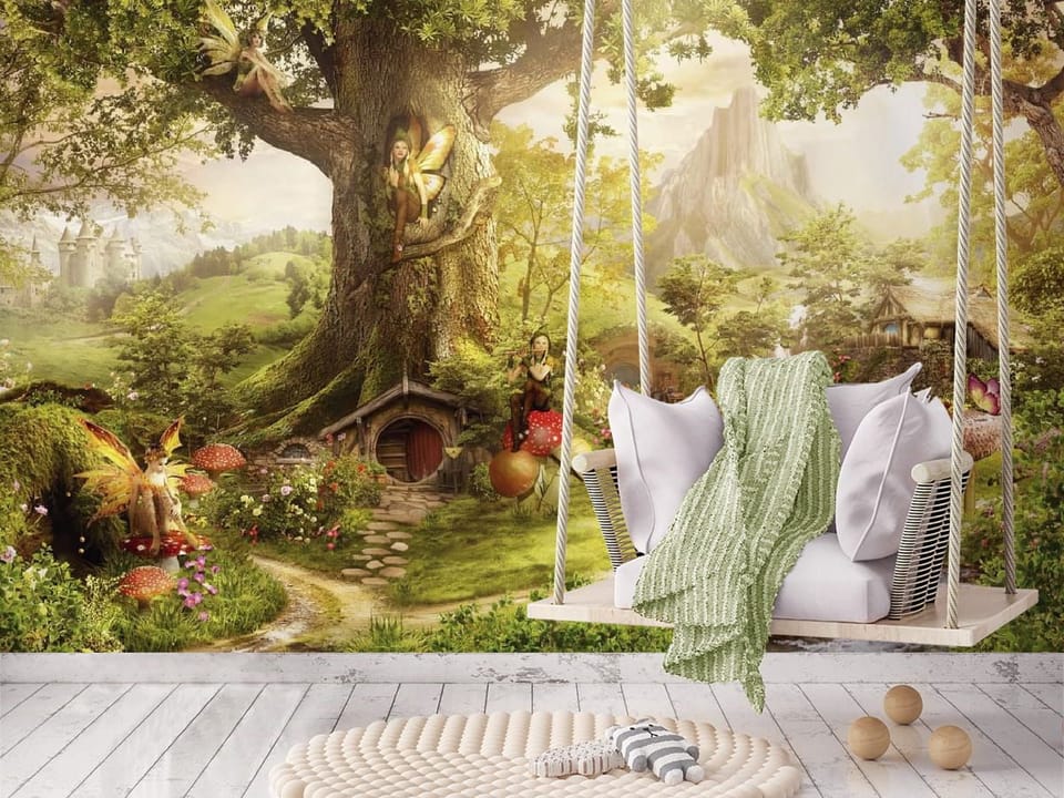 Fototapeta Wielkie drzewo z wróżkami we wnętrzu pokoju nastolatka