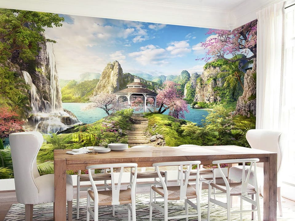 Fototapeta Altana z wodospadem i górami we wnętrzu kuchni