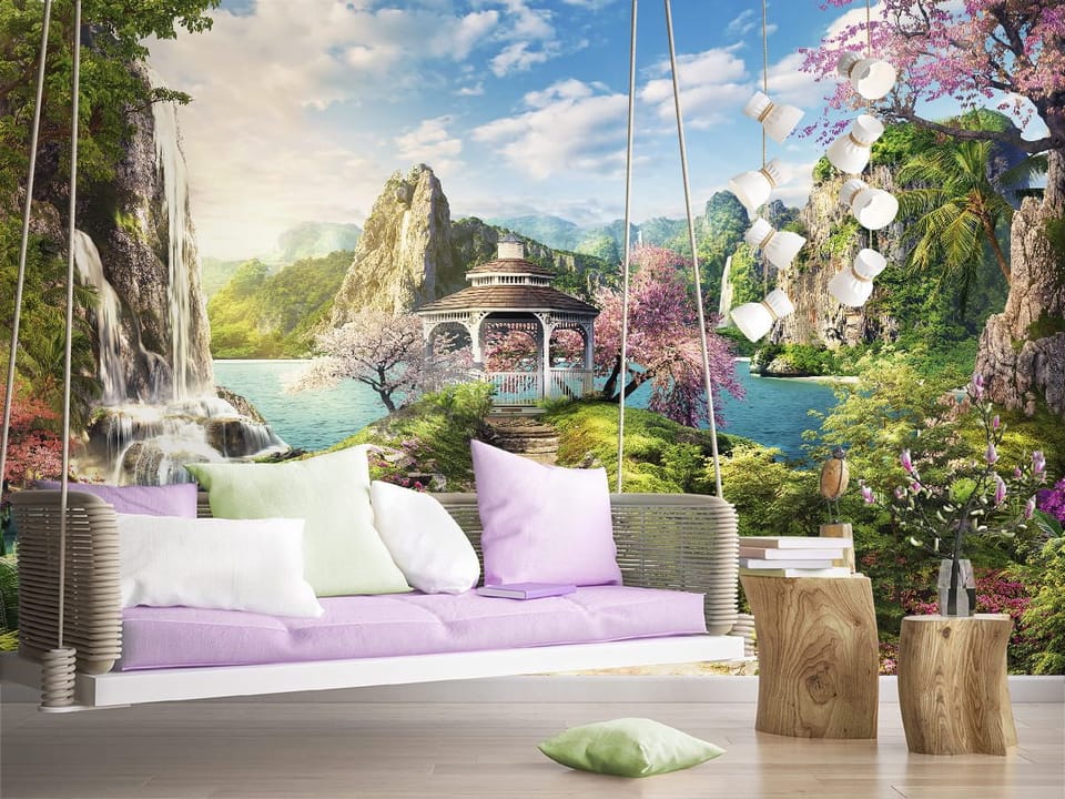 Fototapeta Altana z wodospadem i górami we wnętrzu pokoju nastolatka