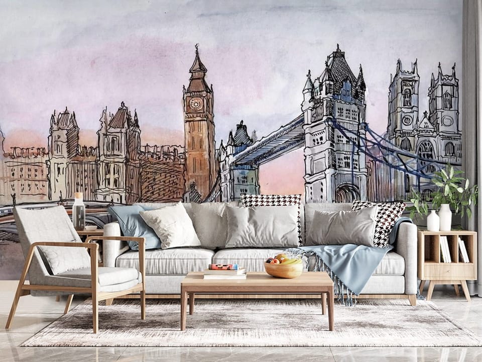 Fototapeta z mostem i wieżami w Londynie, zachmurzone niebo - kompozycja ściany w przytulnym salonie