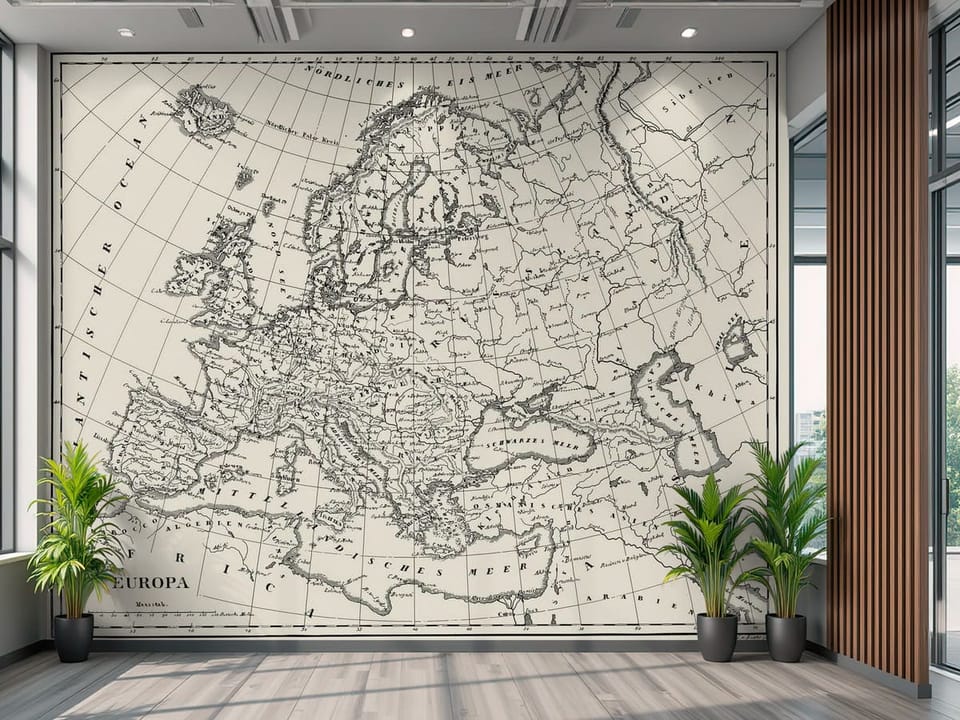 Fototapeta z konturami Europy, liniami siatki i nazwami miast z XIX wieku - widok na ścianę w biurze