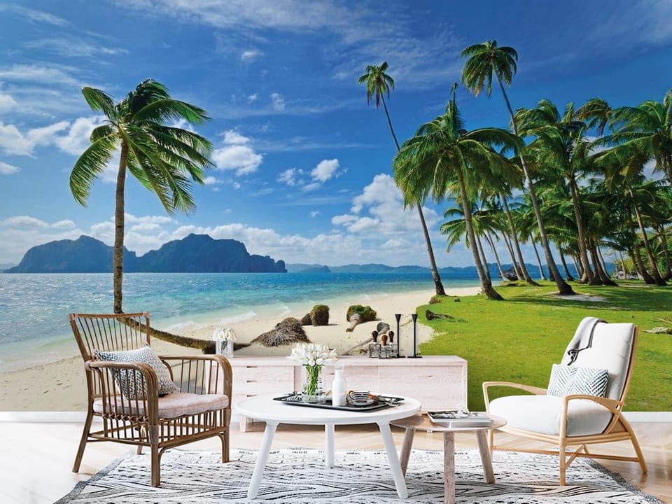 Fototapeta z piaszczystą plażą, palmami i oceanem w tle - aranżacja przedpokoju w stylu skandynawskim