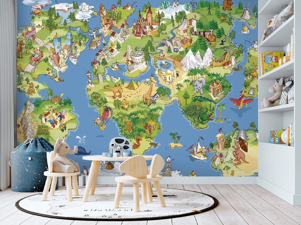 Fototapeta Mapa świata z zabytkami we wnętrzu pokoju dziecka