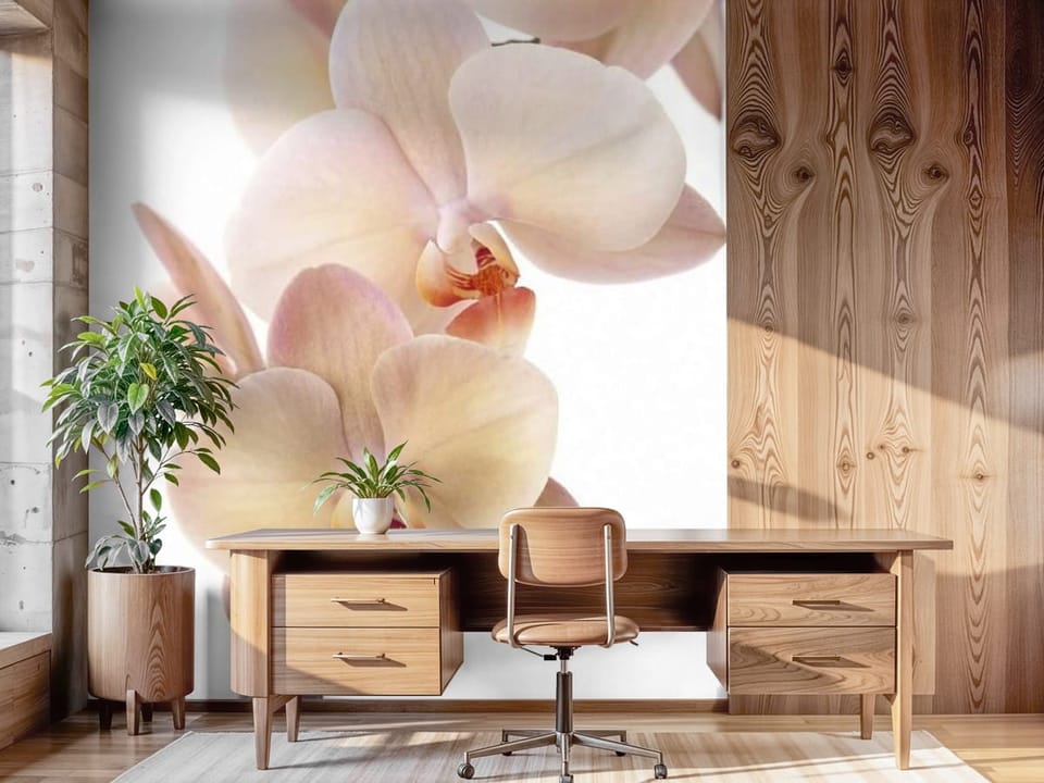 Fototapeta z kwiatami orchidei o delikatnych różowych płatkach - aranżacja w nasłonecznionym biurze