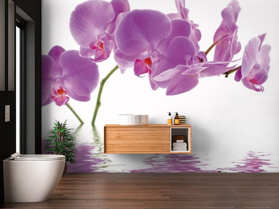 Fototapeta z fioletowymi orchideami nad wodą na białym tle - piękna aranżacja w łazience