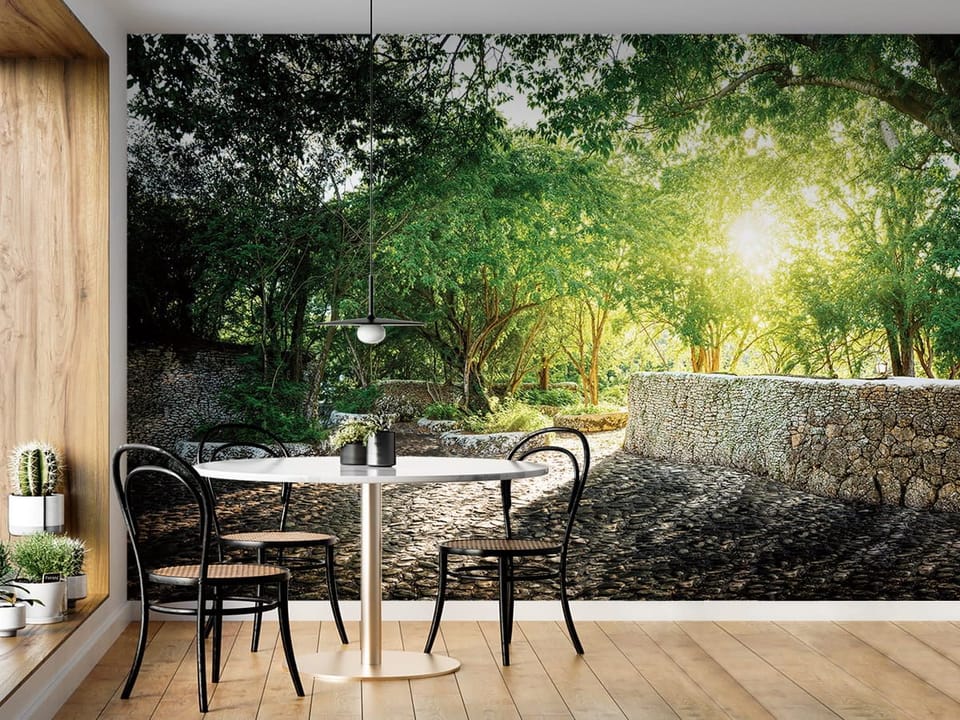 Fototapeta Poranny las z kamiennymi murami we wnętrzu kuchni