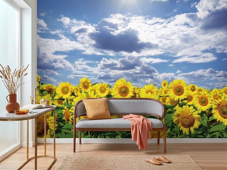 Fototapeta z polem słoneczników i błękitnym niebem pełnym chmur - inspiracja do nowoczesnego przedpokoju