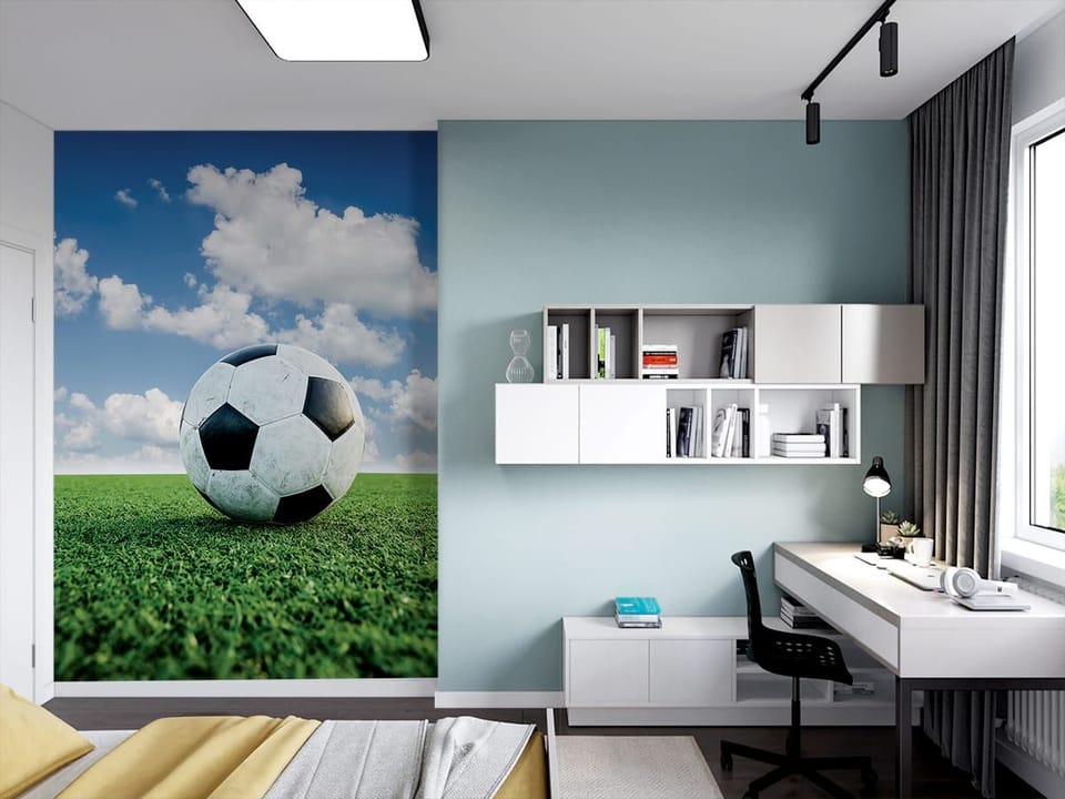 Fototapeta Piłka nożna na tle błękitnego nieba we wnętrzu pokoju nastolatka