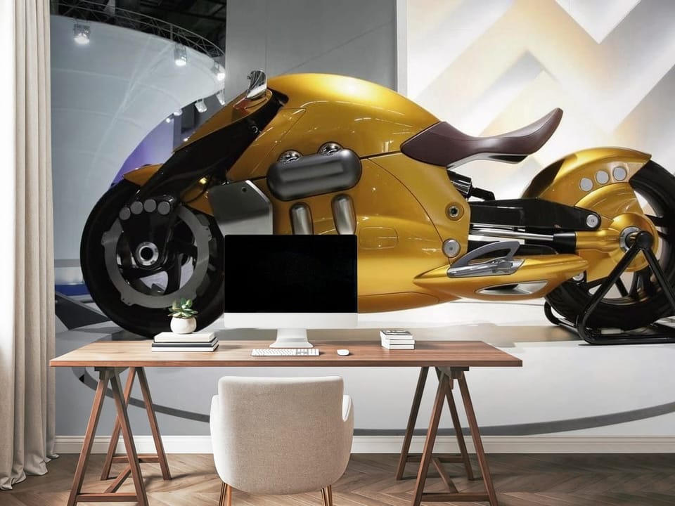 Fototapeta z nowoczesnym złotym motocyklem na białym tle - miejsce robocze w biurze
