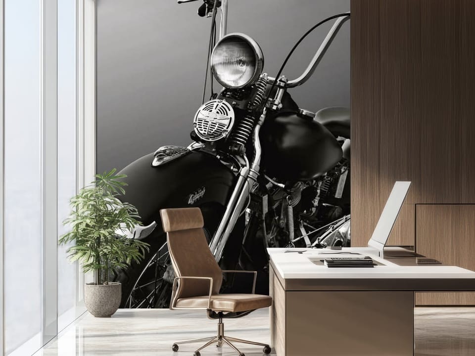 Fototapeta z klasycznym motocyklem, duży reflektor, chromowane elementy - nowoczesna ściana w biurze