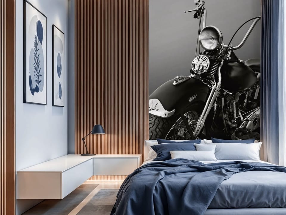 Fototapeta z klasycznym motocyklem, duży reflektor, chromowane elementy - nowoczesna inspiracja do sypialni