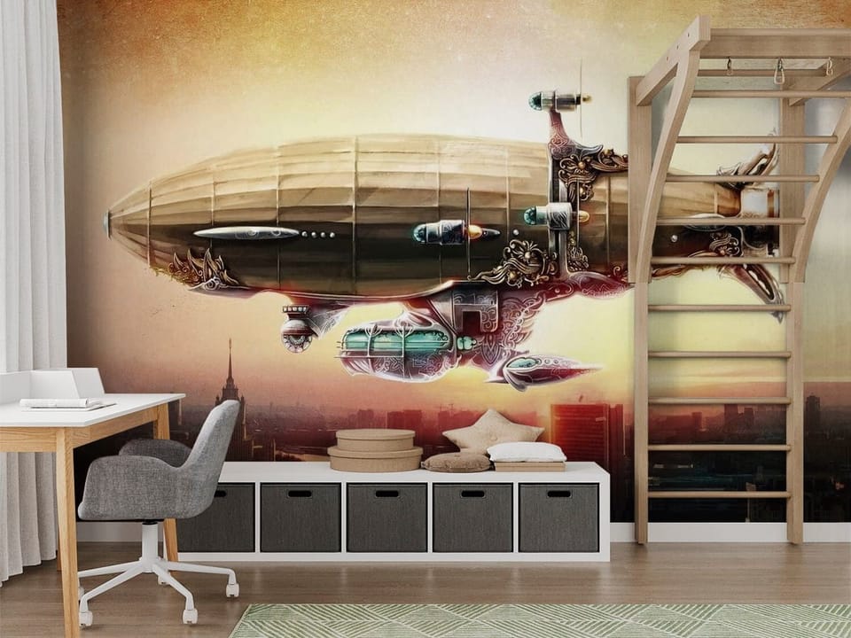 Fototapeta z dużym sterowcem w stylu steampunk nad miastem o zachodzie słońca - nowoczesny pokój nastolatka z modnym akcentem
