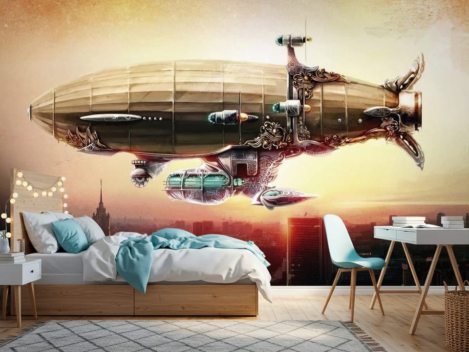 Fototapeta z dużym sterowcem w stylu steampunk nad miastem o zachodzie słońca - jasny pokój nastolatka