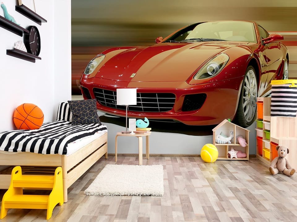 Fototapeta Czerwony sportowy samochód we wnętrzu pokoju dziecka