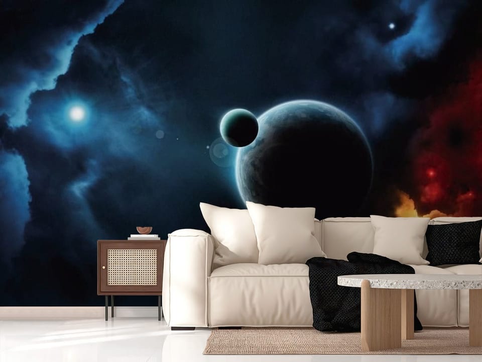 Fototapeta z planetą i księżycem w kosmicznej scenerii pełnej mgławic - salon w nowoczesnych kolorach