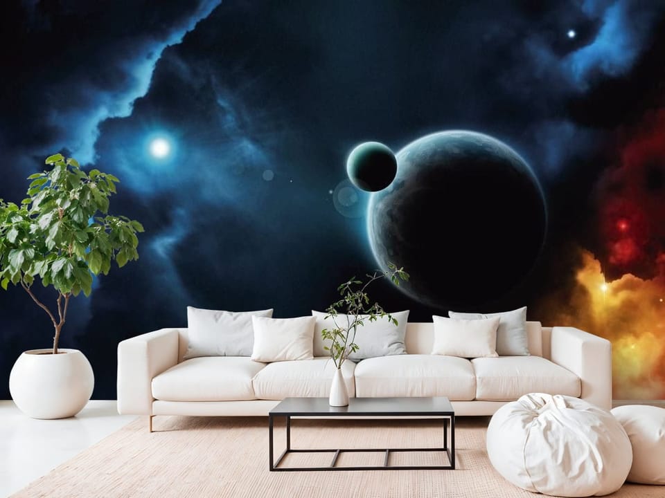 Fototapeta z planetą i księżycem w kosmicznej scenerii pełnej mgławic - salon w białych kolorach