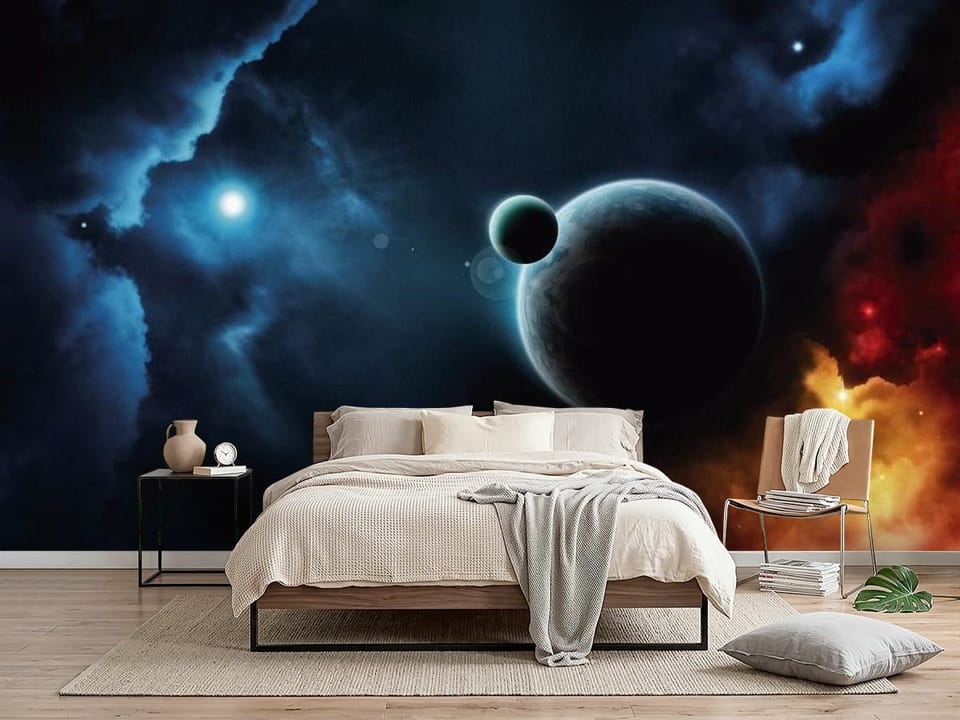 Fototapeta z planetą i księżycem w kosmicznej scenerii pełnej mgławic - piękna ściana w nowoczesnej sypialni