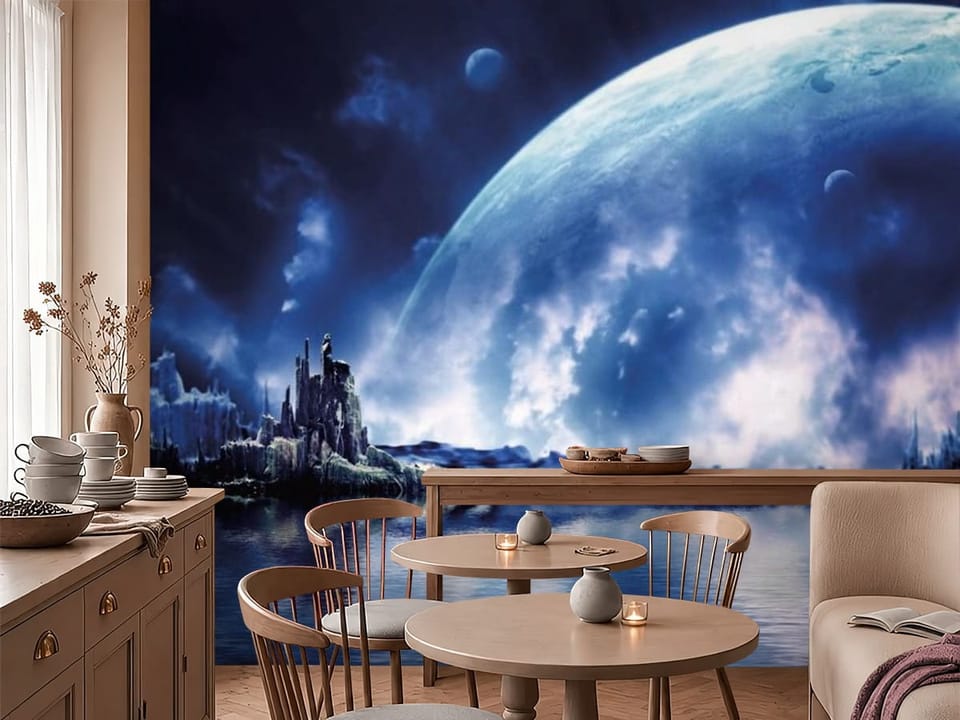 Fototapeta przedstawiająca dużą planetę na nocnym niebie z chmurami i skalistym wybrzeżem - inspiracja do przytulnej kawiarni