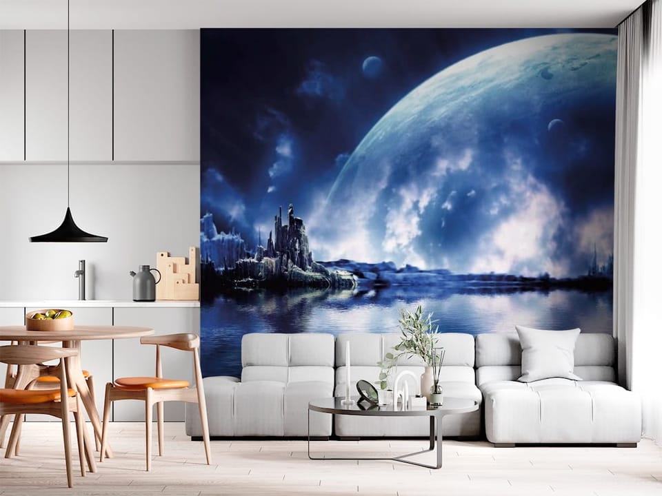 Fototapeta przedstawiająca dużą planetę na nocnym niebie z chmurami i skalistym wybrzeżem - dekoracja ściany w jasnej kuchni