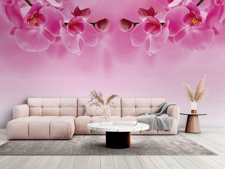 Fototapeta z różowymi kwiatami orchidei na gałęzi, różowe rozmyte tło - salon w jasnych kolorach