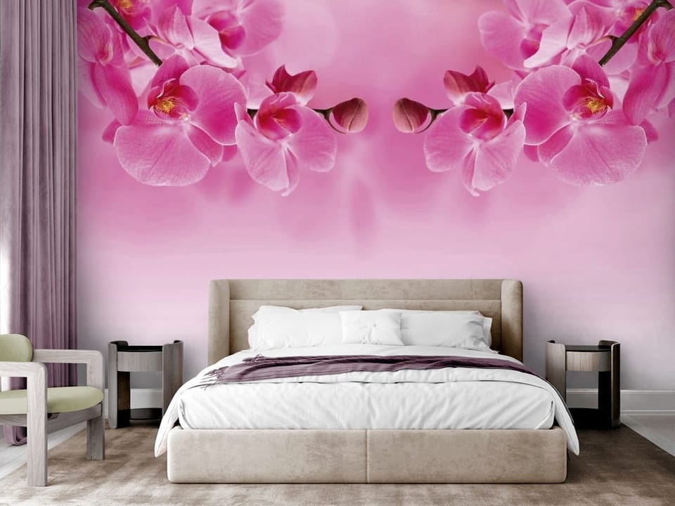 Fototapeta z różowymi kwiatami orchidei na gałęzi, różowe rozmyte tło - nowoczesna sypialnia w stylu glamour