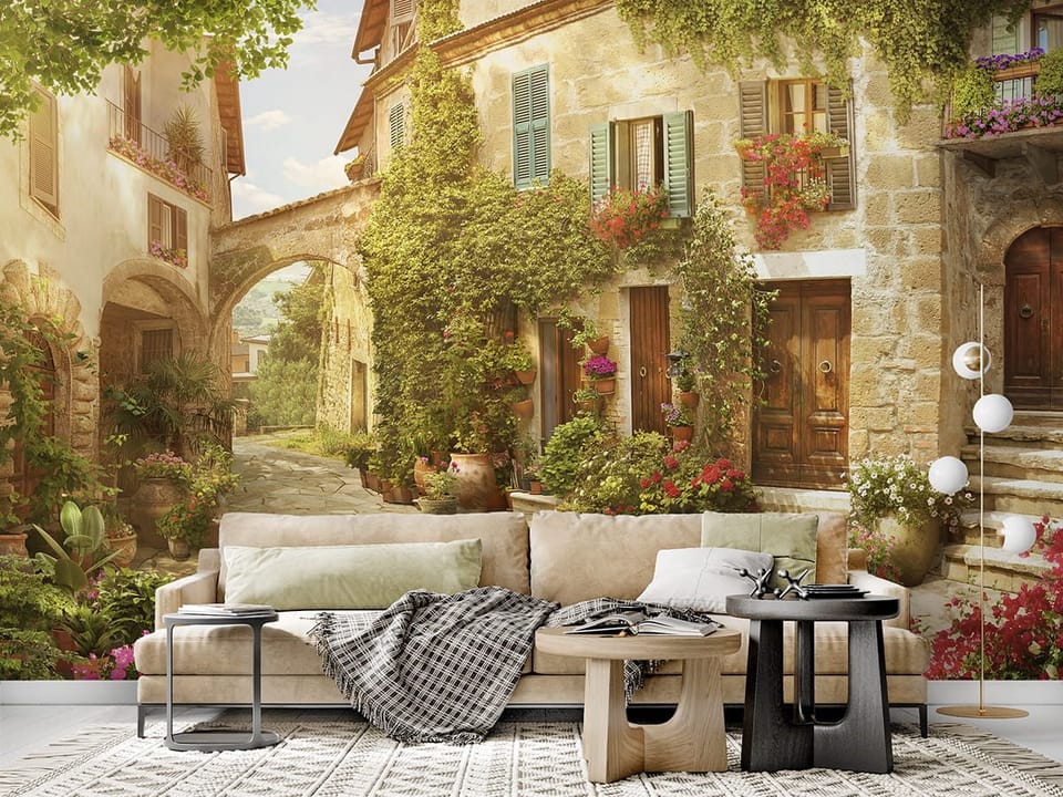 Fototapeta Kamienny zaułek z roślinami we wnętrzu salonu